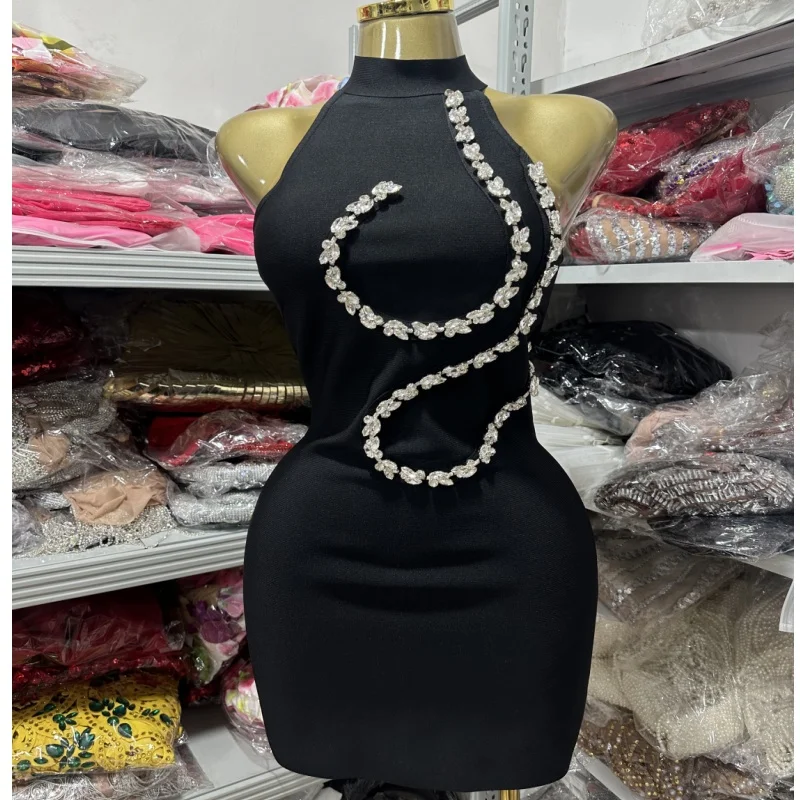 Red Black Color Women Sexy Off the Shoulder Shinning Crystal Bodycon Mini Bandage Dress Nightclub Party Bar Singer Birthday Wear - Image 4
