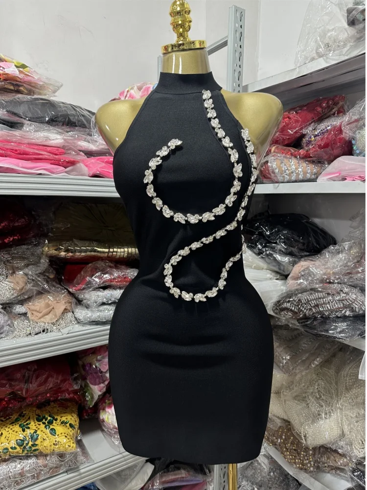 Red Black Color Women Sexy Off the Shoulder Shinning Crystal Bodycon Mini Bandage Dress Nightclub Party Bar Singer Birthday Wear - Image 5