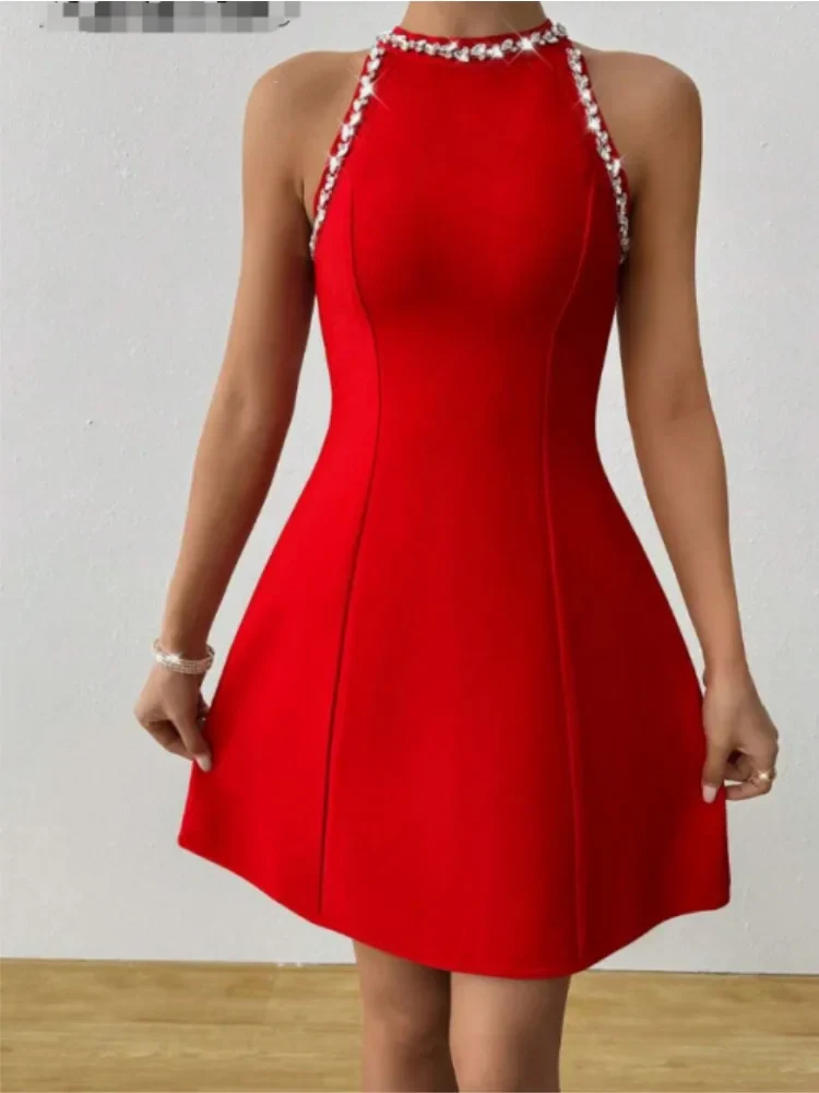 Red Black Women Sleeveless Sexy Shinning Crystal A-Line Mini Bandage Dress Celebrate Birthday Party Girls' Vacation Outfit - Image 2