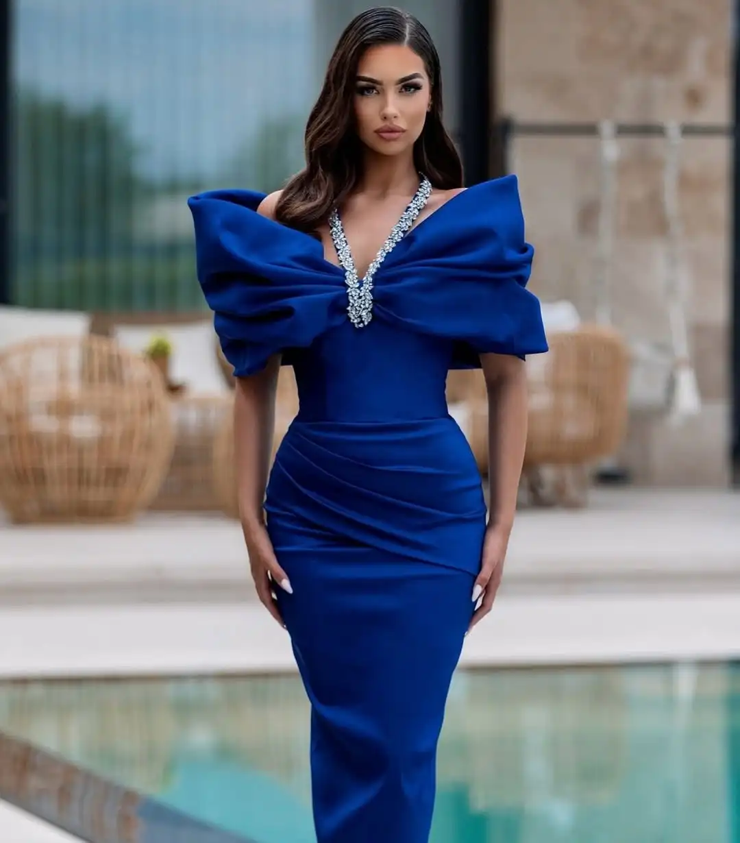 Red Blue Women Sexy Off the Shoulder Crystal Halter Bodycon Long Bandage Dress Celebrate Evening Party Cocktail Outfit