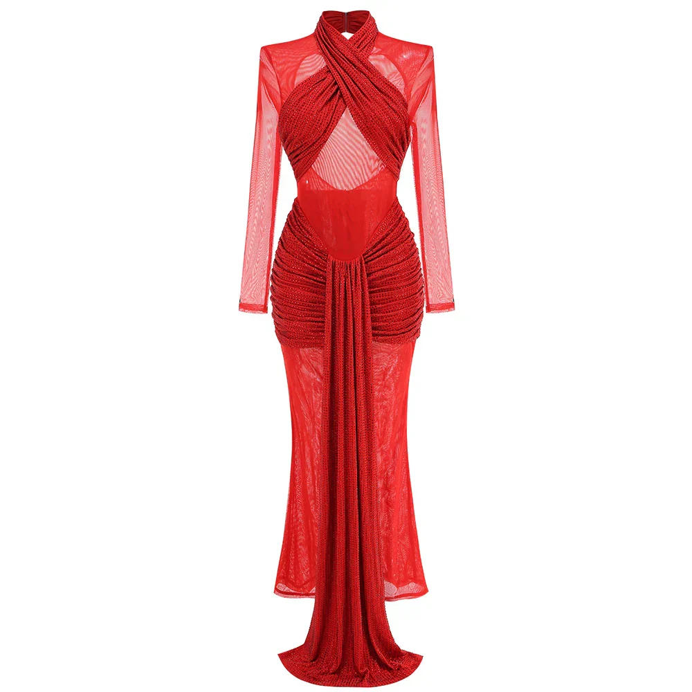 Red Color Women Long Sleeve Shinning Rhinestones Mesh Bodycon Long Dress Fashion Nightclub Party Celebrate Outfit Vestido - Image 2