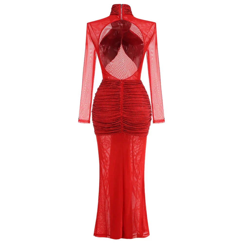 Red Color Women Long Sleeve Shinning Rhinestones Mesh Bodycon Long Dress Fashion Nightclub Party Celebrate Outfit Vestido - Image 3