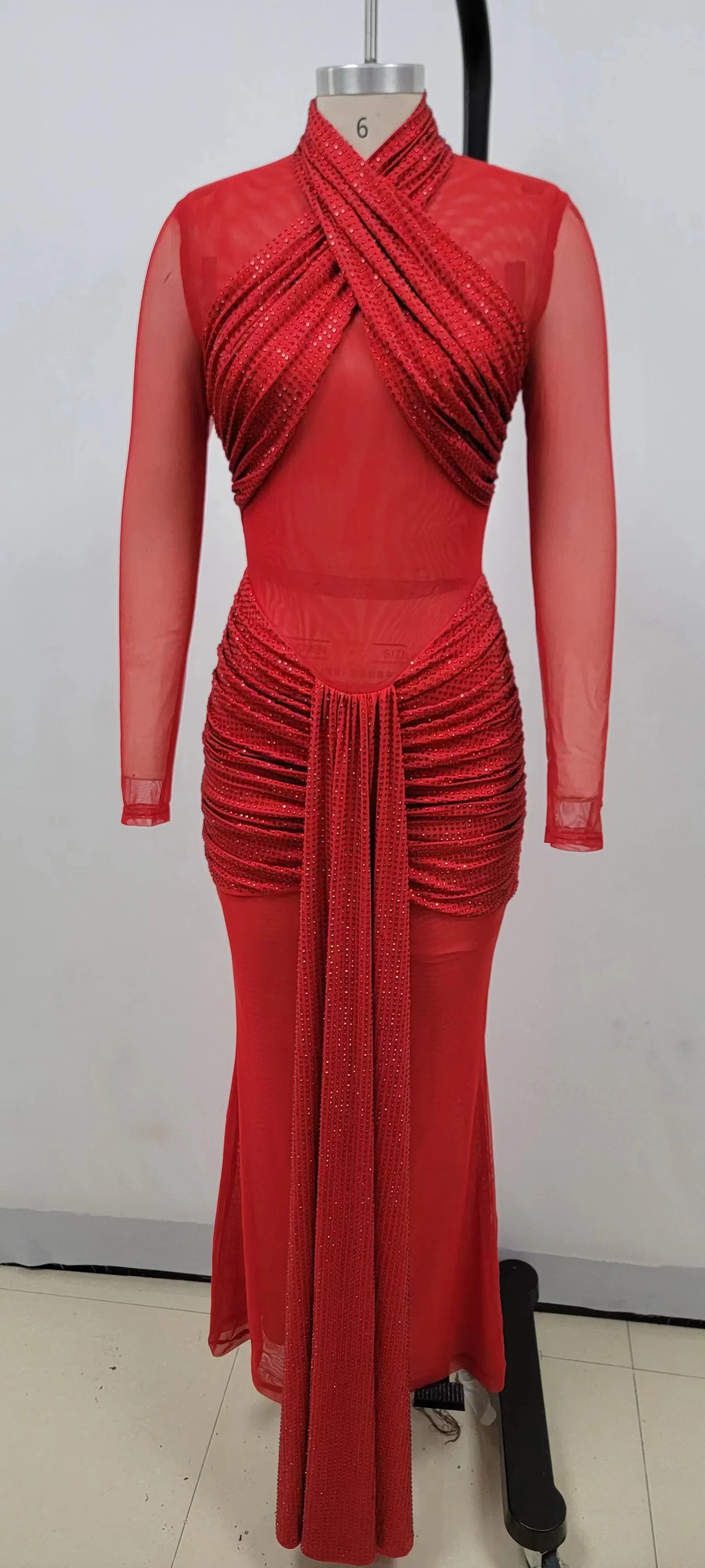 Red Color Women Long Sleeve Shinning Rhinestones Mesh Bodycon Long Dress Fashion Nightclub Party Celebrate Outfit Vestido - Image 4
