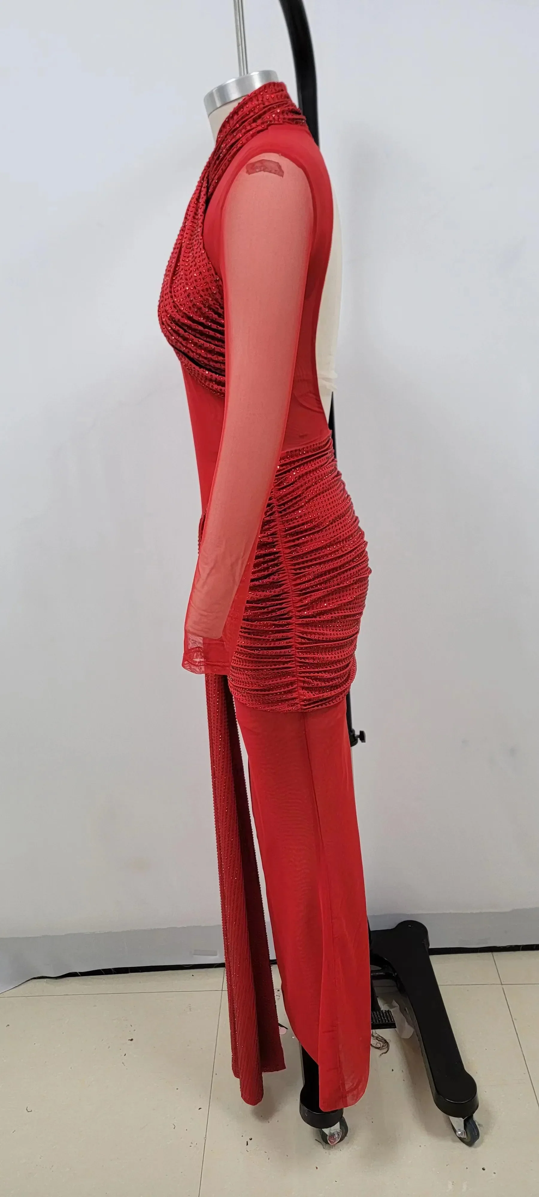 Red Color Women Long Sleeve Shinning Rhinestones Mesh Bodycon Long Dress Fashion Nightclub Party Celebrate Outfit Vestido - Image 5