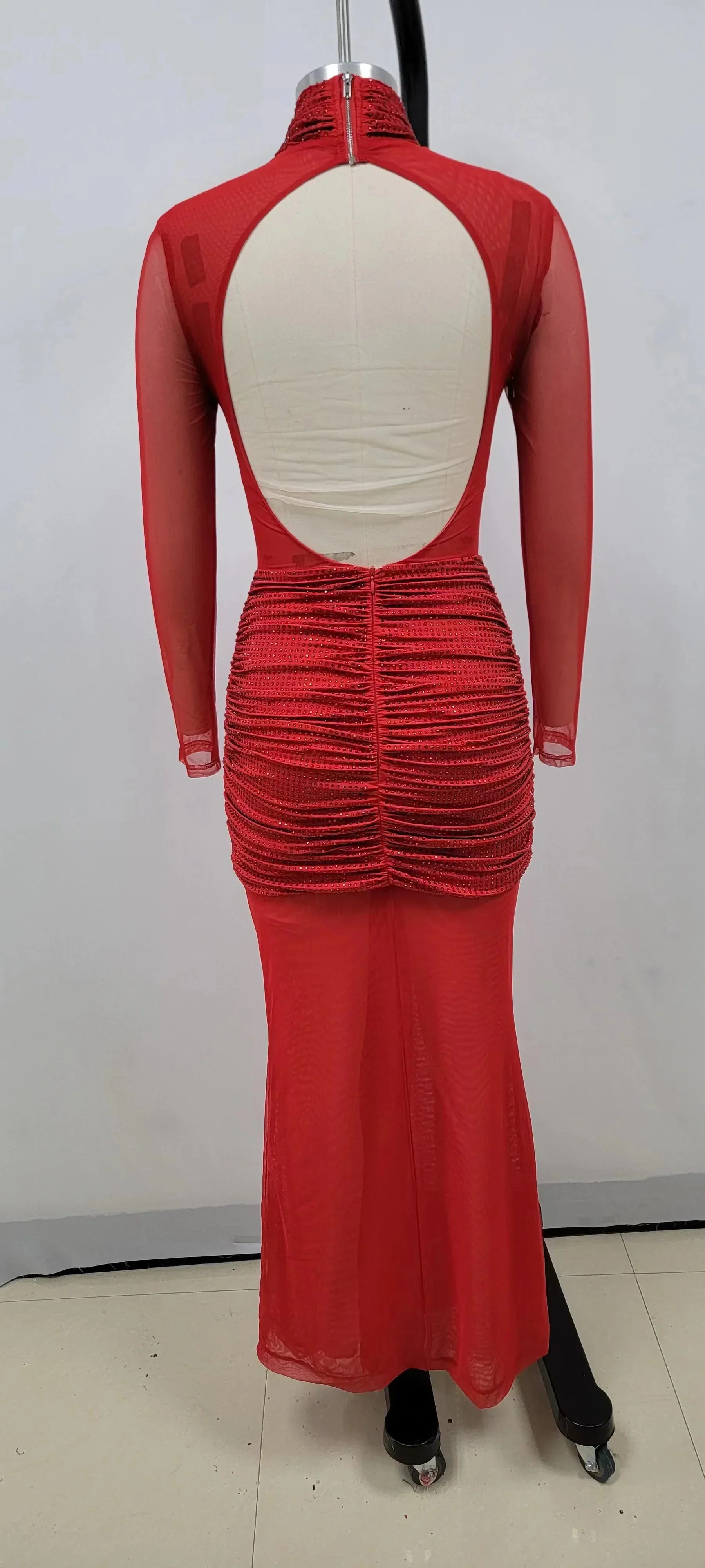 Red Color Women Long Sleeve Shinning Rhinestones Mesh Bodycon Long Dress Fashion Nightclub Party Celebrate Outfit Vestido - Image 6