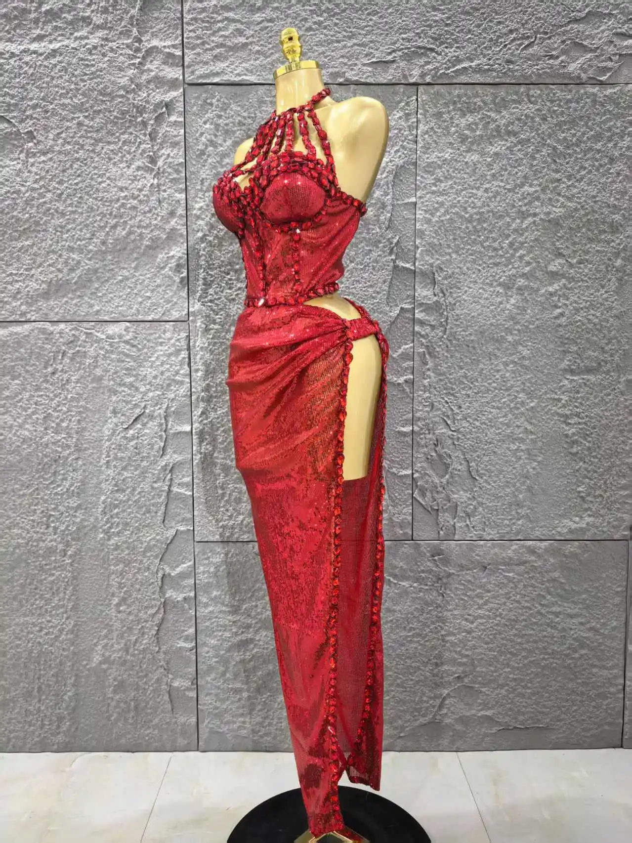 Red Color Women Sexy Off the Shoulder Shinning Crystal 2 Pieces Bodycon Long Dress Celebrate Birthday Party Nigtclub Outfit - Image 2