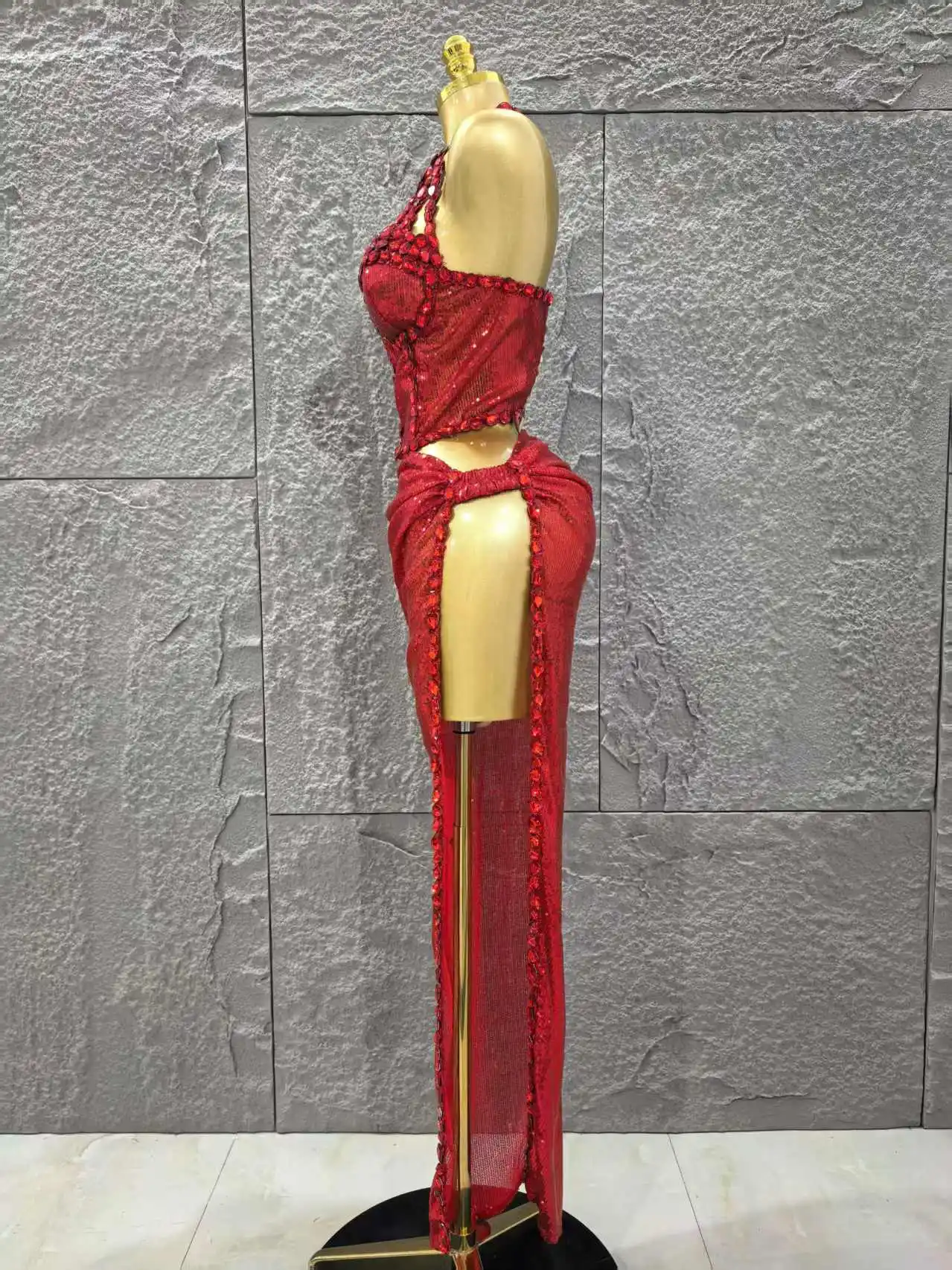 Red Color Women Sexy Off the Shoulder Shinning Crystal 2 Pieces Bodycon Long Dress Celebrate Birthday Party Nigtclub Outfit - Image 3