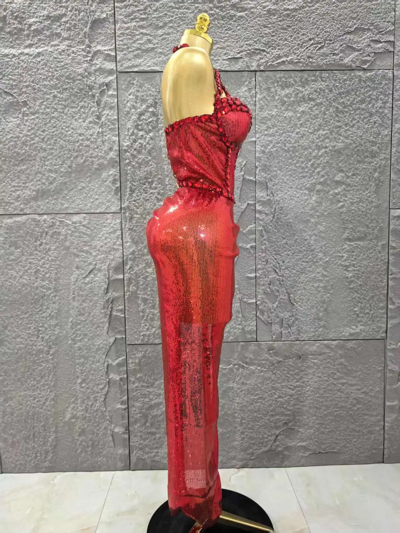 Red Color Women Sexy Off the Shoulder Shinning Crystal 2 Pieces Bodycon Long Dress Celebrate Birthday Party Nigtclub Outfit - Image 4