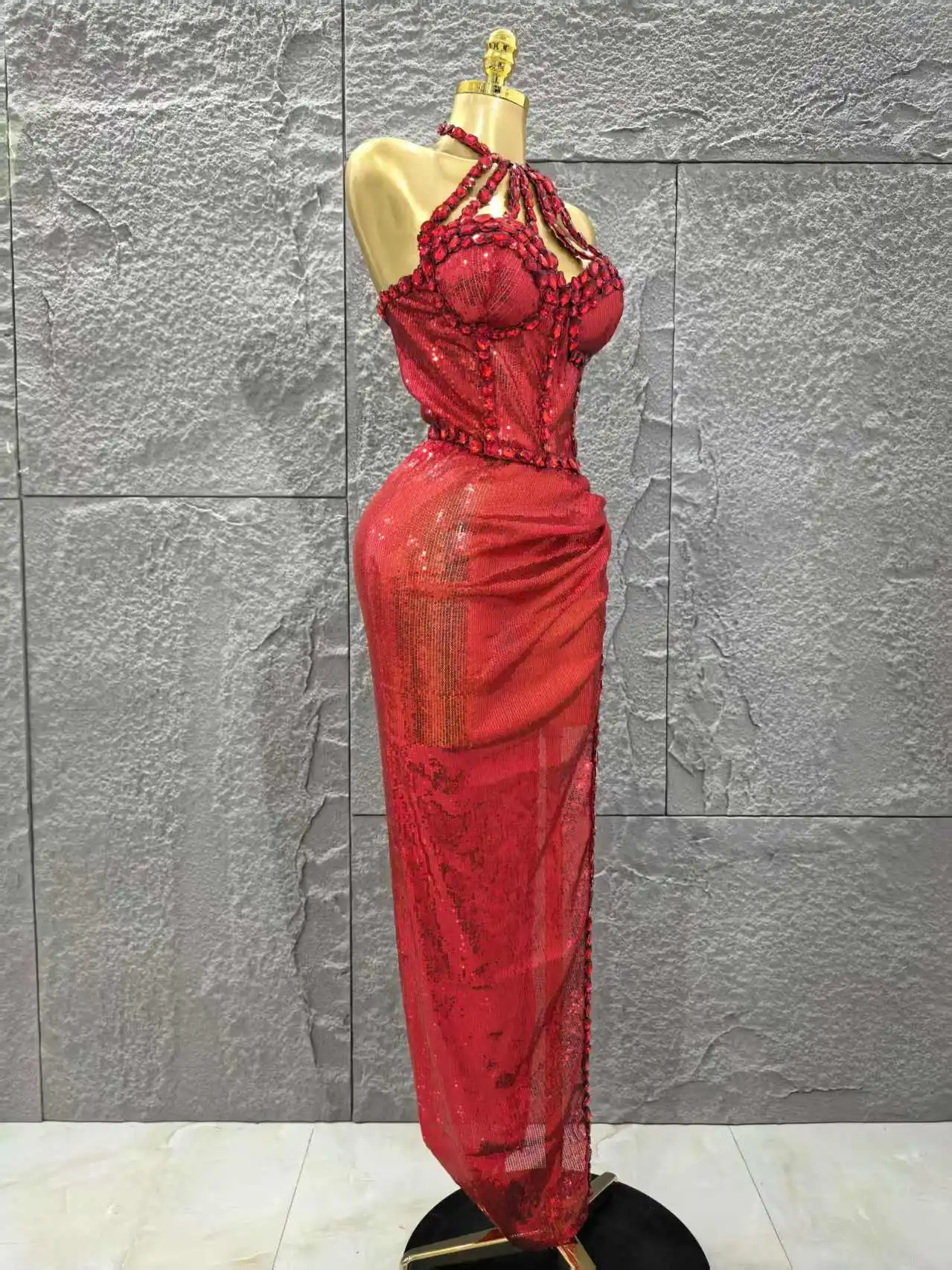 Red Color Women Sexy Off the Shoulder Shinning Crystal 2 Pieces Bodycon Long Dress Celebrate Birthday Party Nigtclub Outfit - Image 5