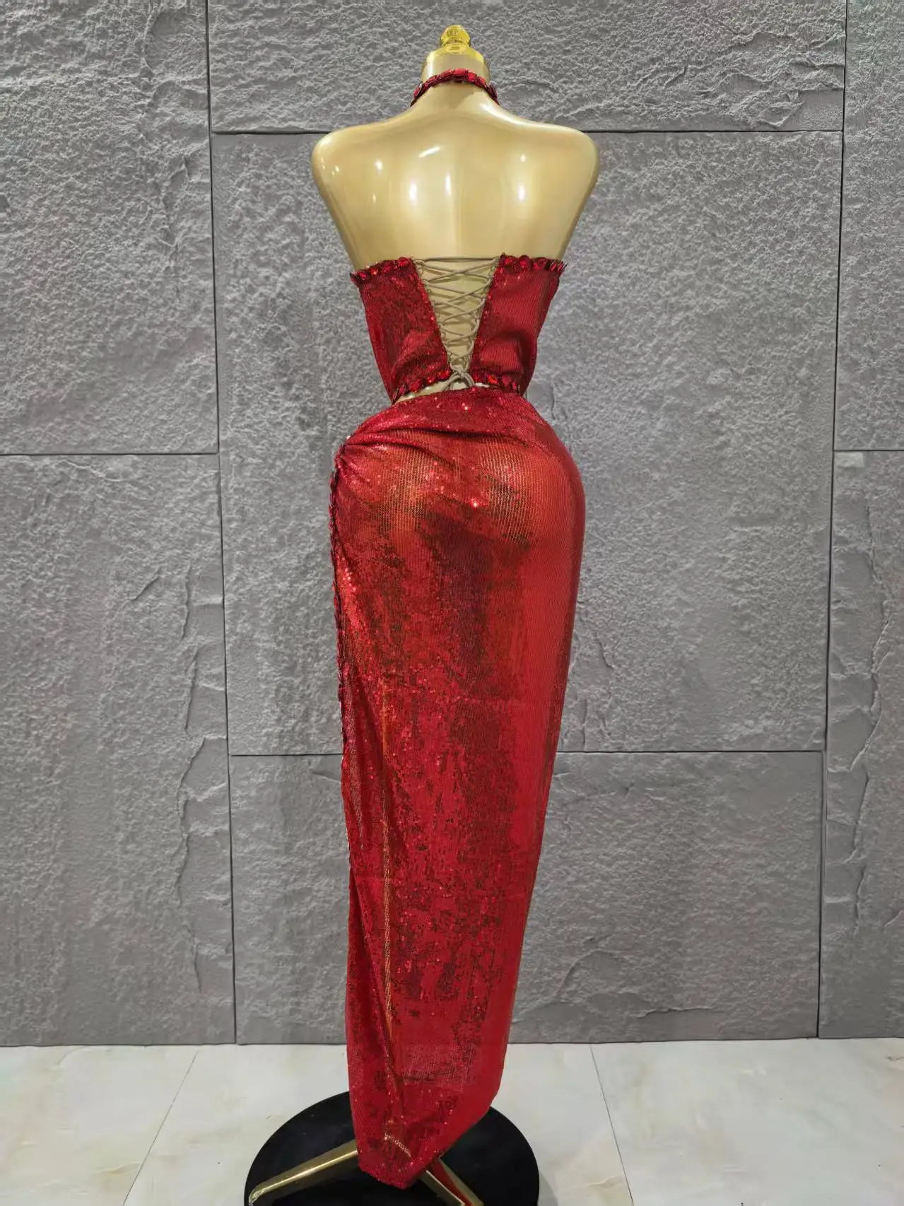 Red Color Women Sexy Off the Shoulder Shinning Crystal 2 Pieces Bodycon Long Dress Celebrate Birthday Party Nigtclub Outfit - Image 6