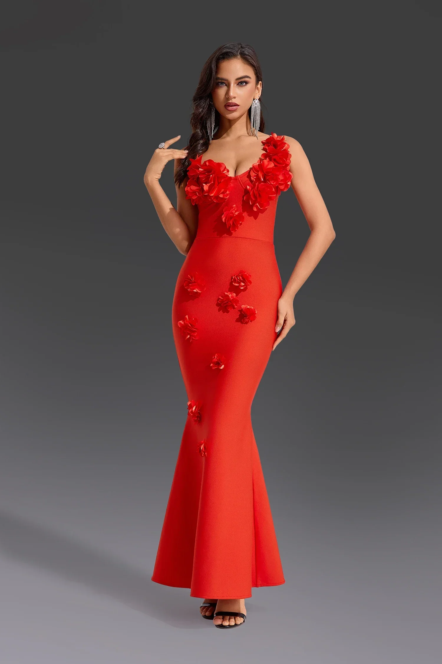 Red Color Women Sexy One Shoulder Florals Fashion Bodycon Long Bandage Dress Wedding Party Celebrate Birthday Cocktail Outfit - Image 2