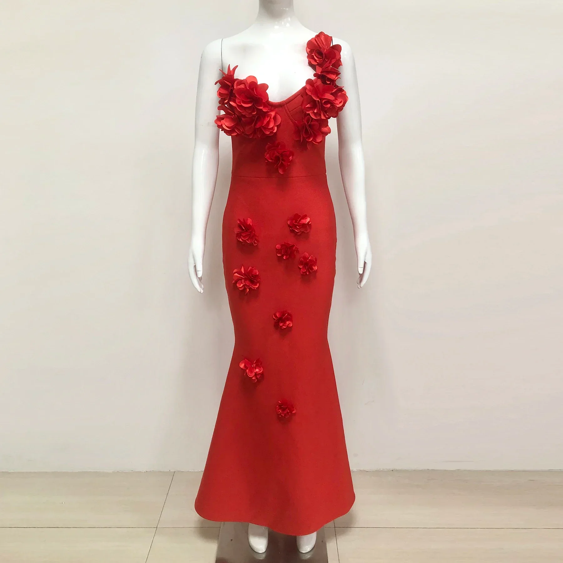 Red Color Women Sexy One Shoulder Florals Fashion Bodycon Long Bandage Dress Wedding Party Celebrate Birthday Cocktail Outfit - Image 3