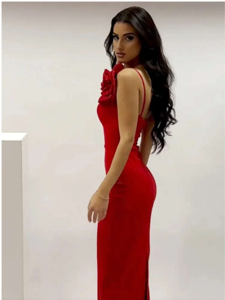 Red Color Women Sexy One Shoulder Shinning Sequins Florals Bodycon Long Dress Fashion Celebrate Wedding Party Dress Vestido - Image 2