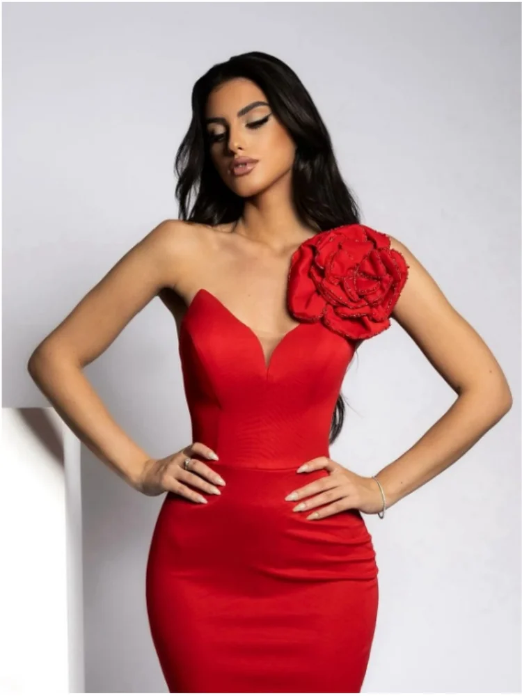 Red Color Women Sexy One Shoulder Shinning Sequins Florals Bodycon Long Dress Fashion Celebrate Wedding Party Dress Vestido - Image 3