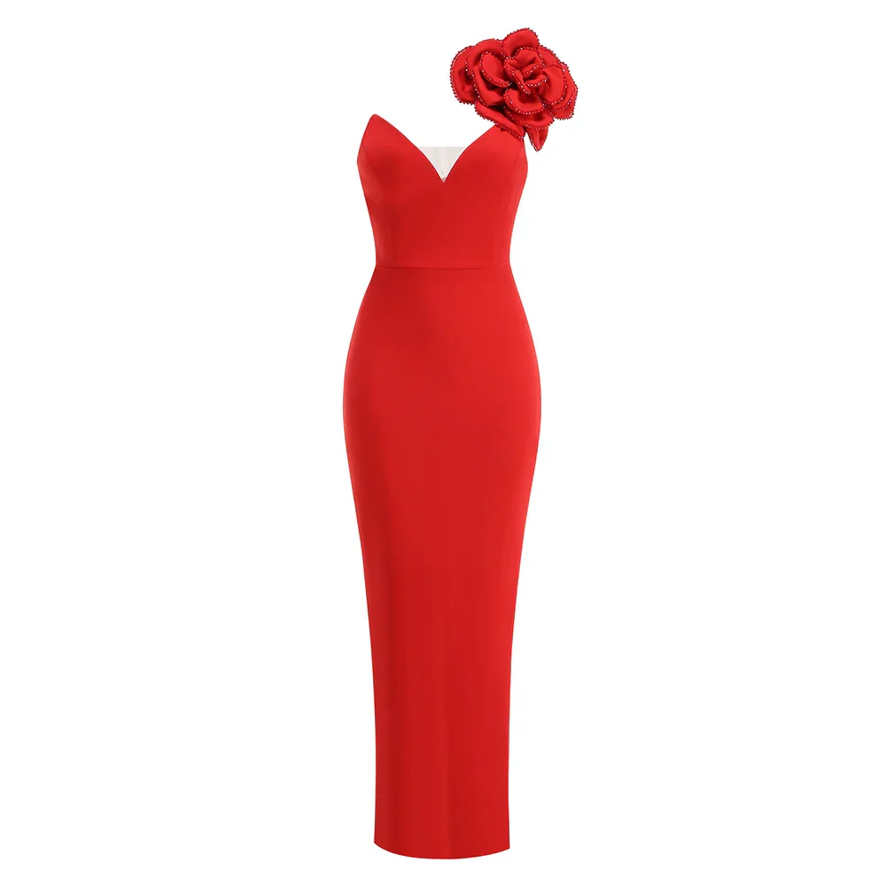 Red Color Women Sexy One Shoulder Shinning Sequins Florals Bodycon Long Dress Fashion Celebrate Wedding Party Dress Vestido - Image 5