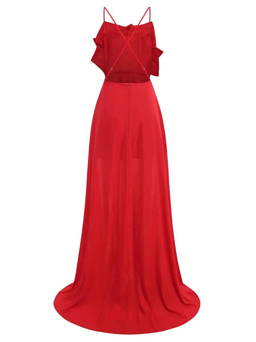 Red Color Women Sexy Strap Sleeveless Florals Loose Floor-Length Dress Celebrate Evening Party Wedding Mermaid Dress - Image 3