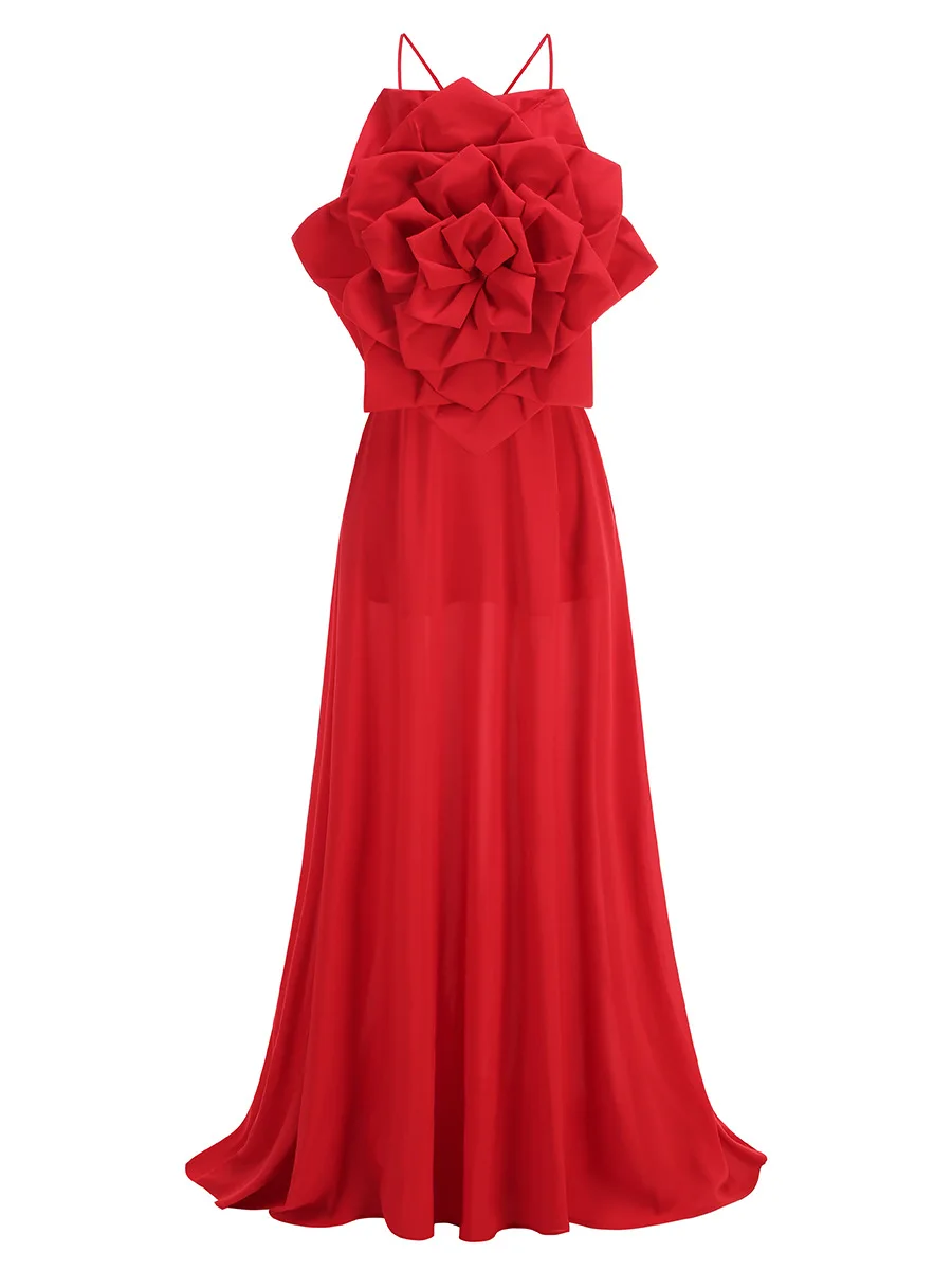 Red Color Women Sexy Strap Sleeveless Florals Loose Floor-Length Dress Celebrate Evening Party Wedding Mermaid Dress - Image 4