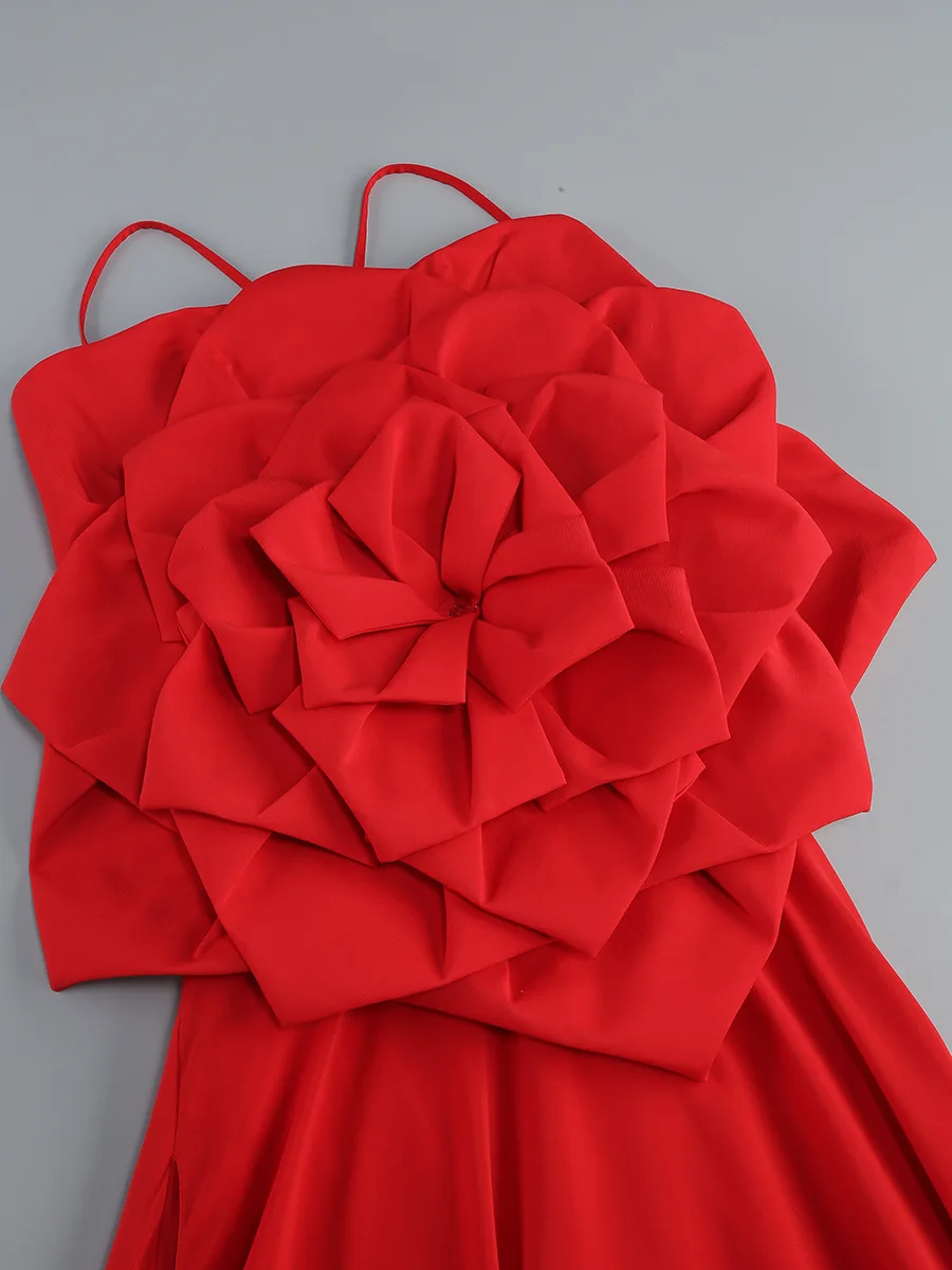 Red Color Women Sexy Strap Sleeveless Florals Loose Floor-Length Dress Celebrate Evening Party Wedding Mermaid Dress - Image 5