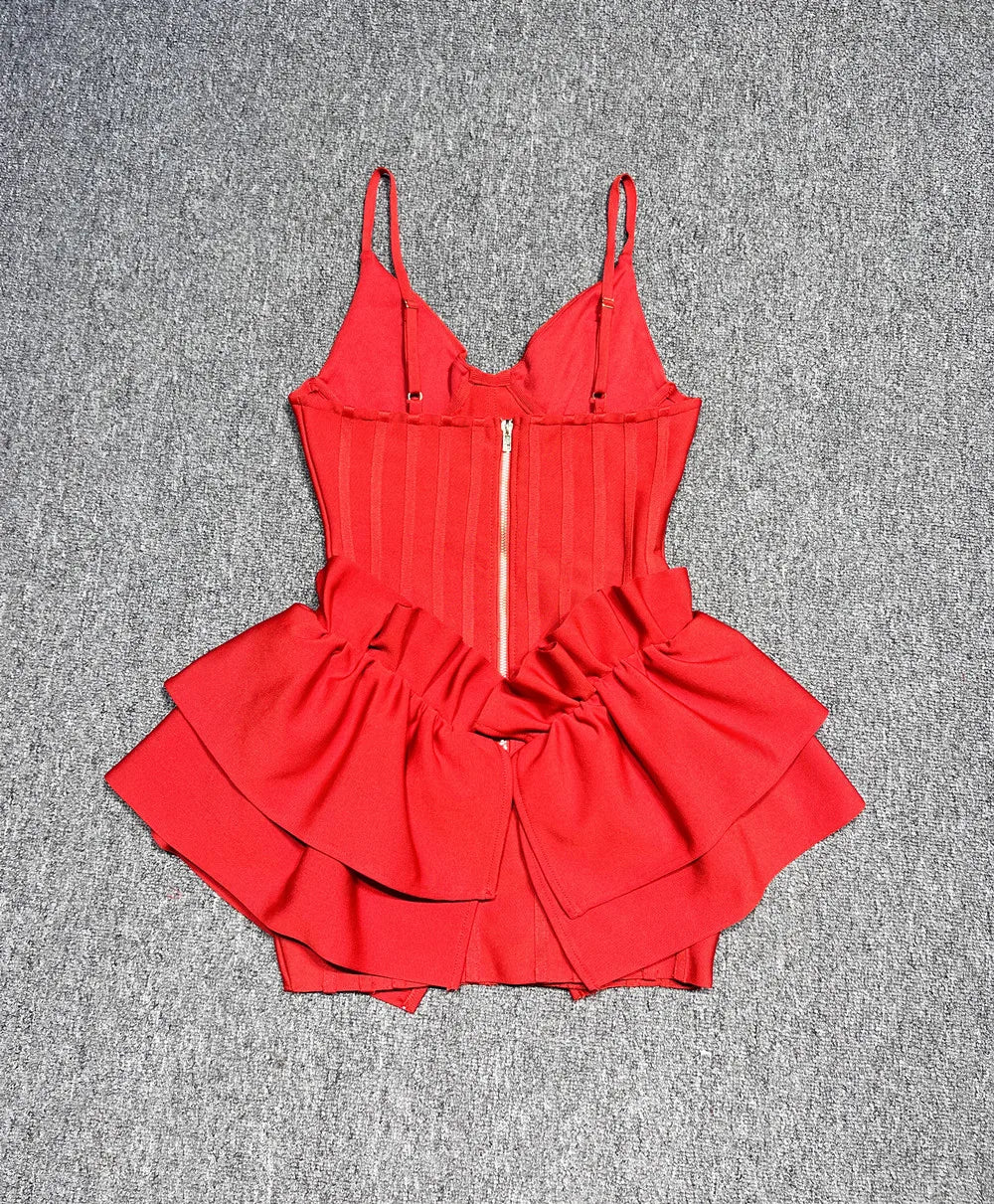 Red Color Women Sleeveless Sexy V-Neck Bodycon Mini Bandage Dress Ruffles Fashion Celebrate Birthday Party Girls' Dress Vestido - Image 6