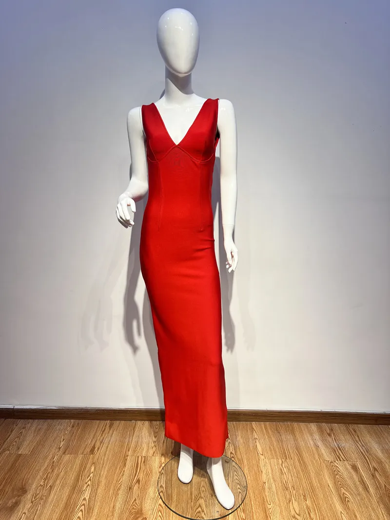 Red Color Women Sleeveless V-Neck Backless Bodycon Long Bandage Dress Celebrate Evening Party Birthday Outfit Vestido - Image 4