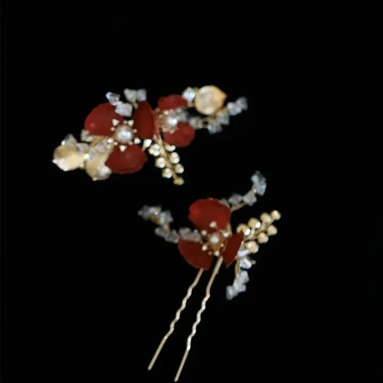 Red Flower Hair Pin Clip Leaf Head Piece For Brides Women Pearl Hairpin Party Dinner Dress Bridal Jewelry Wedding Accessories - Image 5