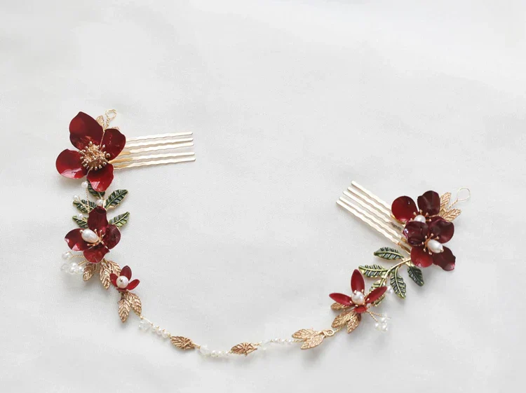 Red Flower Headpieces Headbands Leaf Headdress For Brides Party Dinner Dress Hairbands Wedding Accessories Bridal Hair Jewelry - Image 2