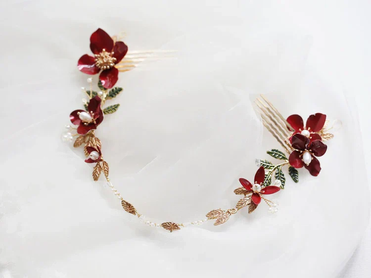 Red Flower Headpieces Headbands Leaf Headdress For Brides Party Dinner Dress Hairbands Wedding Accessories Bridal Hair Jewelry - Image 3