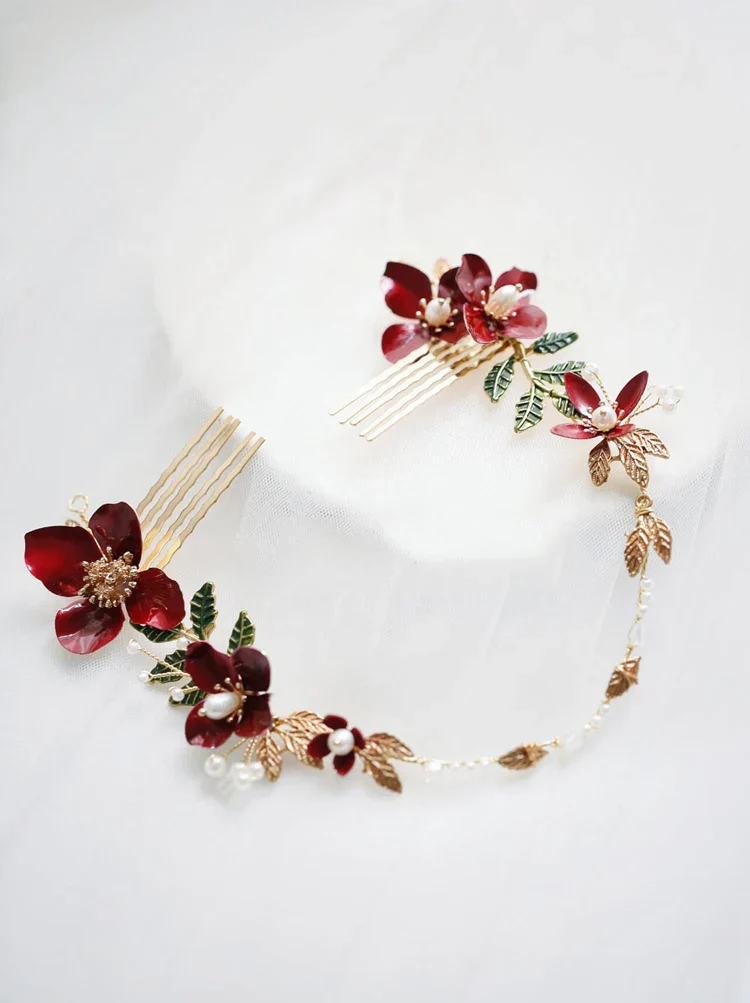 Red Flower Headpieces Headbands Leaf Headdress For Brides Party Dinner Dress Hairbands Wedding Accessories Bridal Hair Jewelry - Image 4