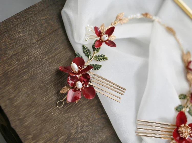 Red Flower Headpieces Headbands Leaf Headdress For Brides Party Dinner Dress Hairbands Wedding Accessories Bridal Hair Jewelry - Image 5