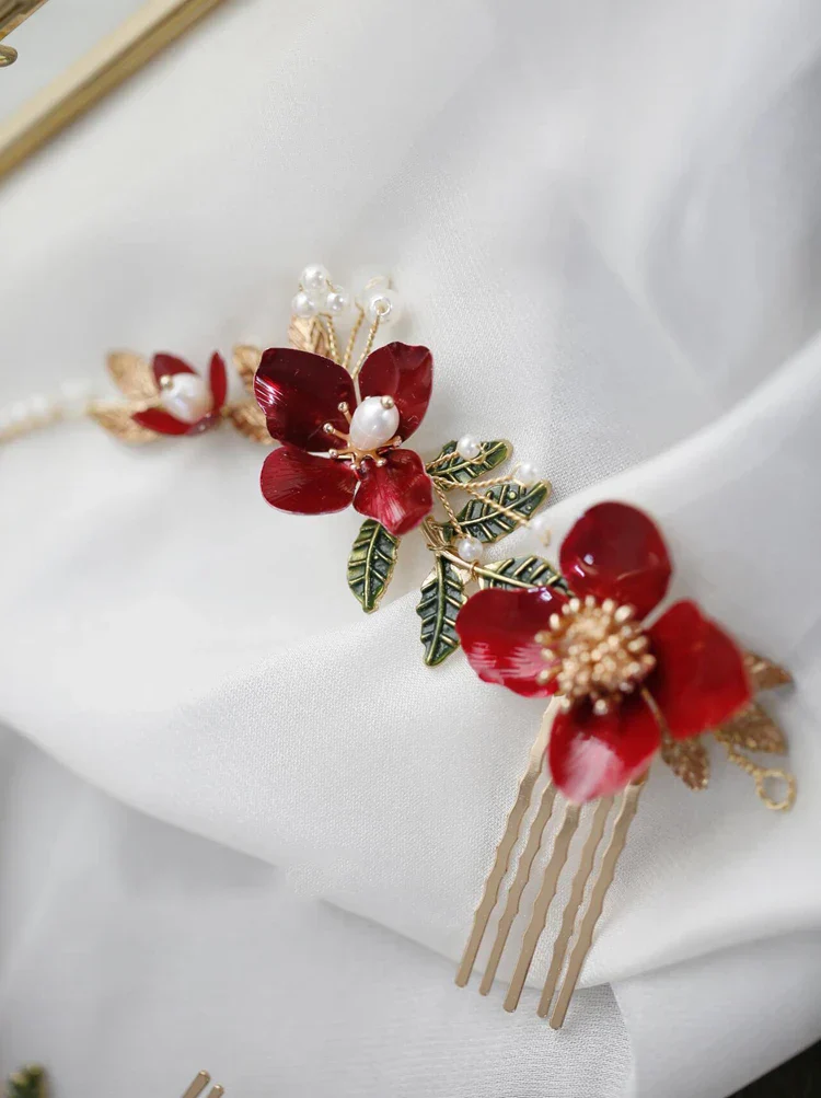Red Flower Headpieces Headbands Leaf Headdress For Brides Party Dinner Dress Hairbands Wedding Accessories Bridal Hair Jewelry - Image 6