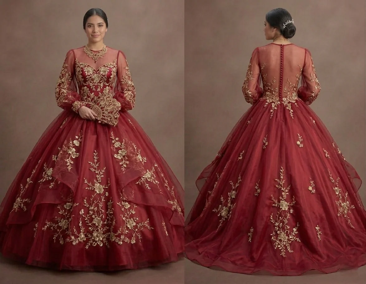 Red Quinceañera Dress Floral Embroidery Organza Gown