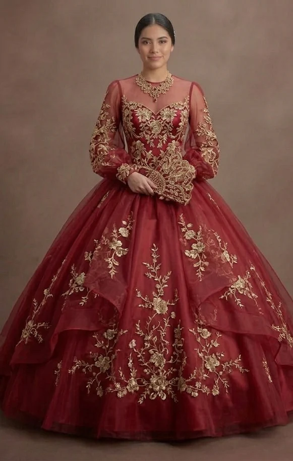 Red Quinceañera Dress Floral Embroidery Organza Gown - Image 2