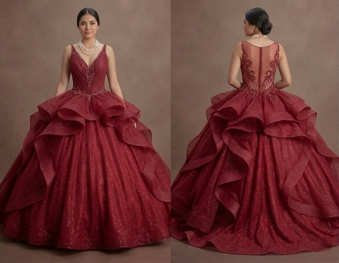 Red Quinceañera Dress - Glitter Tulle Ball Gown for 2026