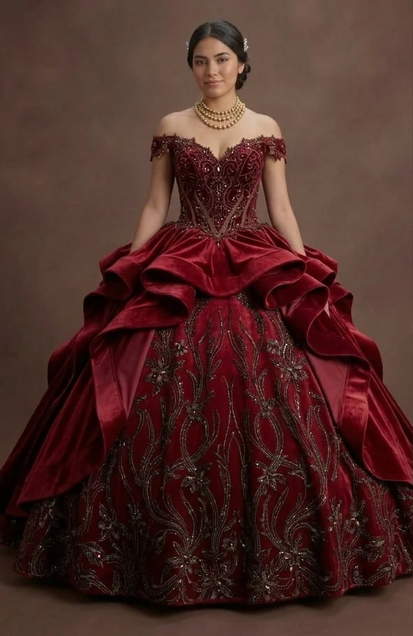 Red Quinceañera Dress in Velvet: Elegant Winter XV Style - Image 2