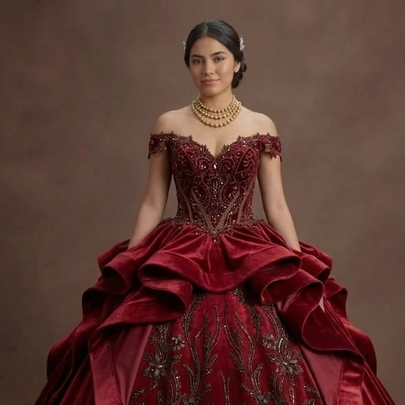 Red Quinceañera Dress in Velvet: Elegant Winter XV Style - Image 4
