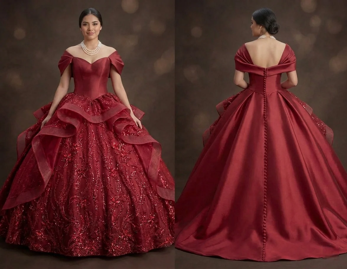 Red Quinceañera Dress - Off-the-Shoulder Silk Sophistication