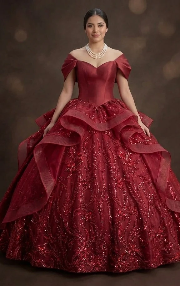 Red Quinceañera Dress - Off-the-Shoulder Silk Sophistication - Image 2