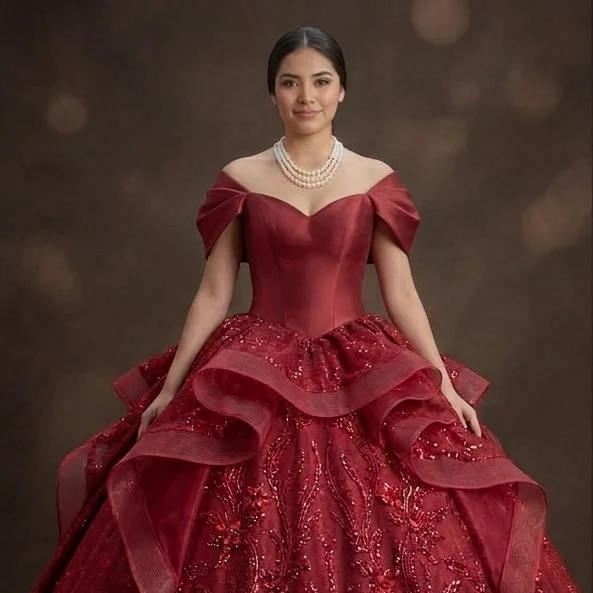 Red Quinceañera Dress - Off-the-Shoulder Silk Sophistication - Image 4