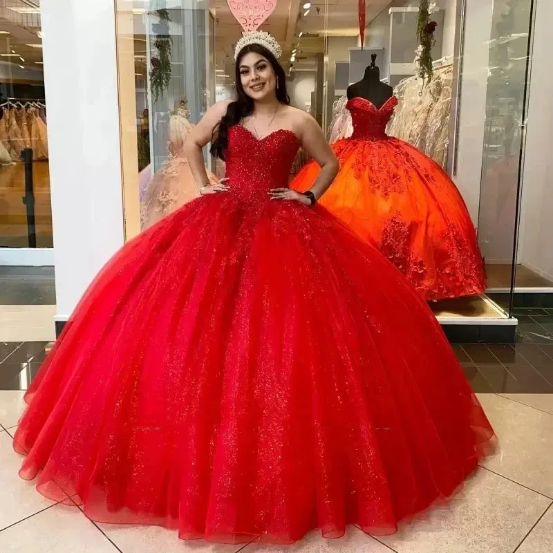Red Shiny Ball Gown Quinceanera Dresses Vestidos De 15 Años Corset Back Floor Length Luxury Princess Birthday Party - Image 3