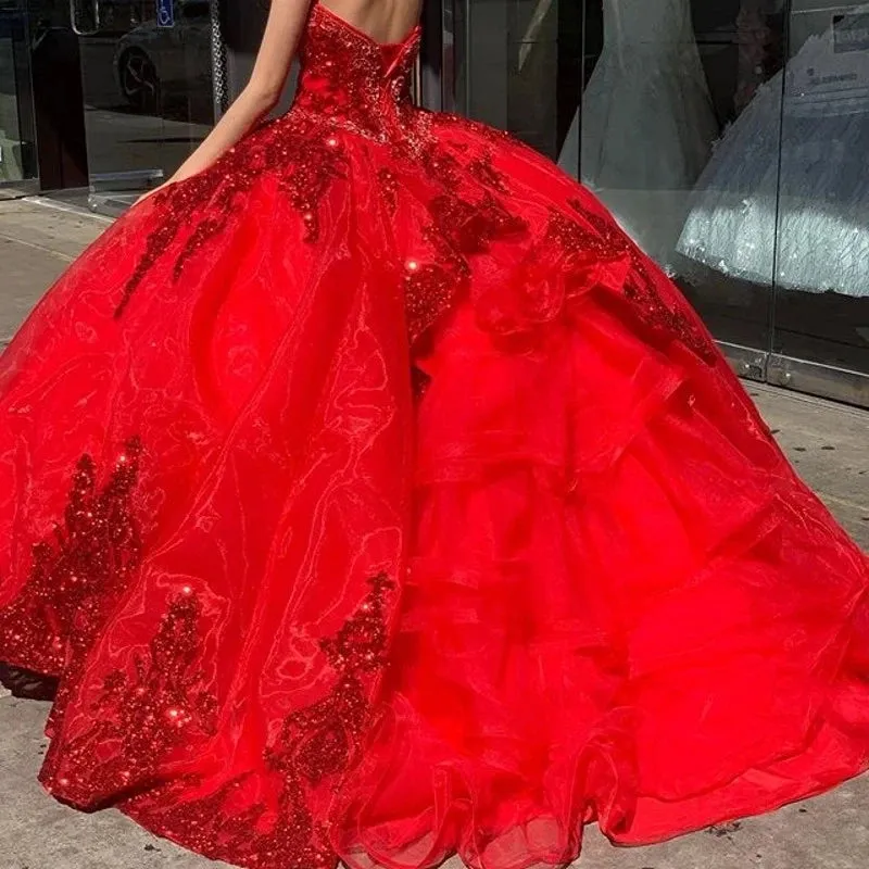 Red Sweetheart Quinceanera Dress Glittering Lace For 15 Party Formal Dress Ball Gown 16 Birthday Princess Gown Gown - Image 3