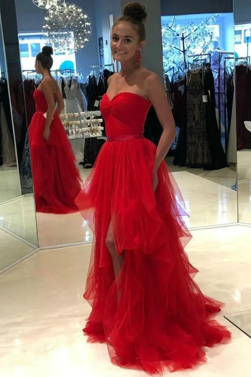 Red Tiered Tulle Evening Dress Slit Front Sweetheart Elegant Long Formal Prom Gowns Celebrity Dresses Robe De Soiree - Image 4