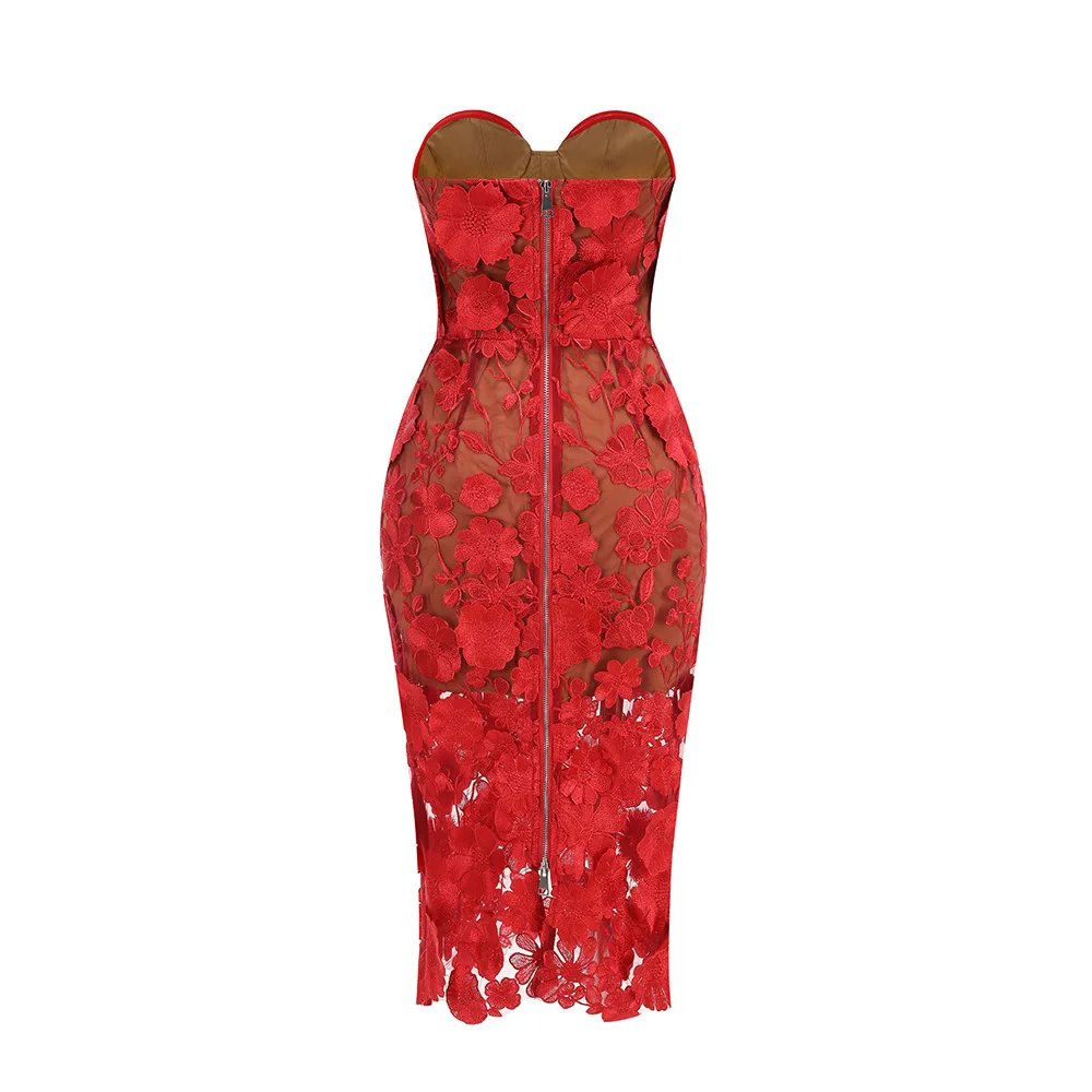 Red White Color Women Sexy Strapless Embroidery Bodycon Midi Dress Celebrate Nightclub Party Evening Birthday Dress Wholesale - Image 2