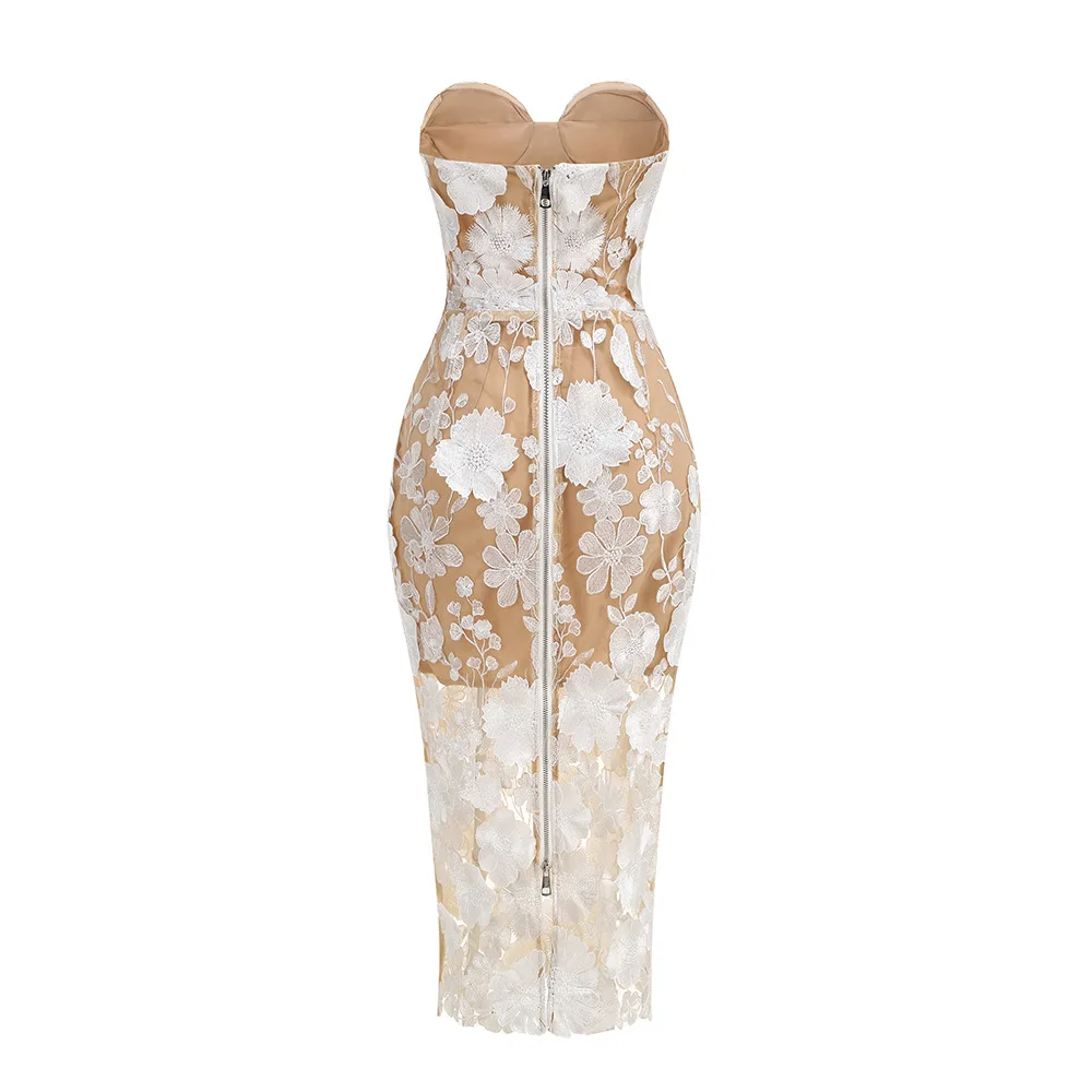 Red White Color Women Sexy Strapless Embroidery Bodycon Midi Dress Celebrate Nightclub Party Evening Birthday Dress Wholesale - Image 4