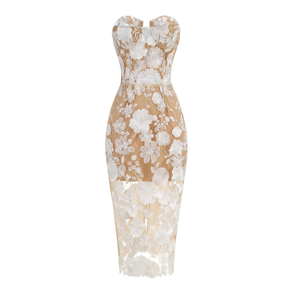 Red White Color Women Sexy Strapless Embroidery Bodycon Midi Dress Celebrate Nightclub Party Evening Birthday Dress Wholesale - Image 6