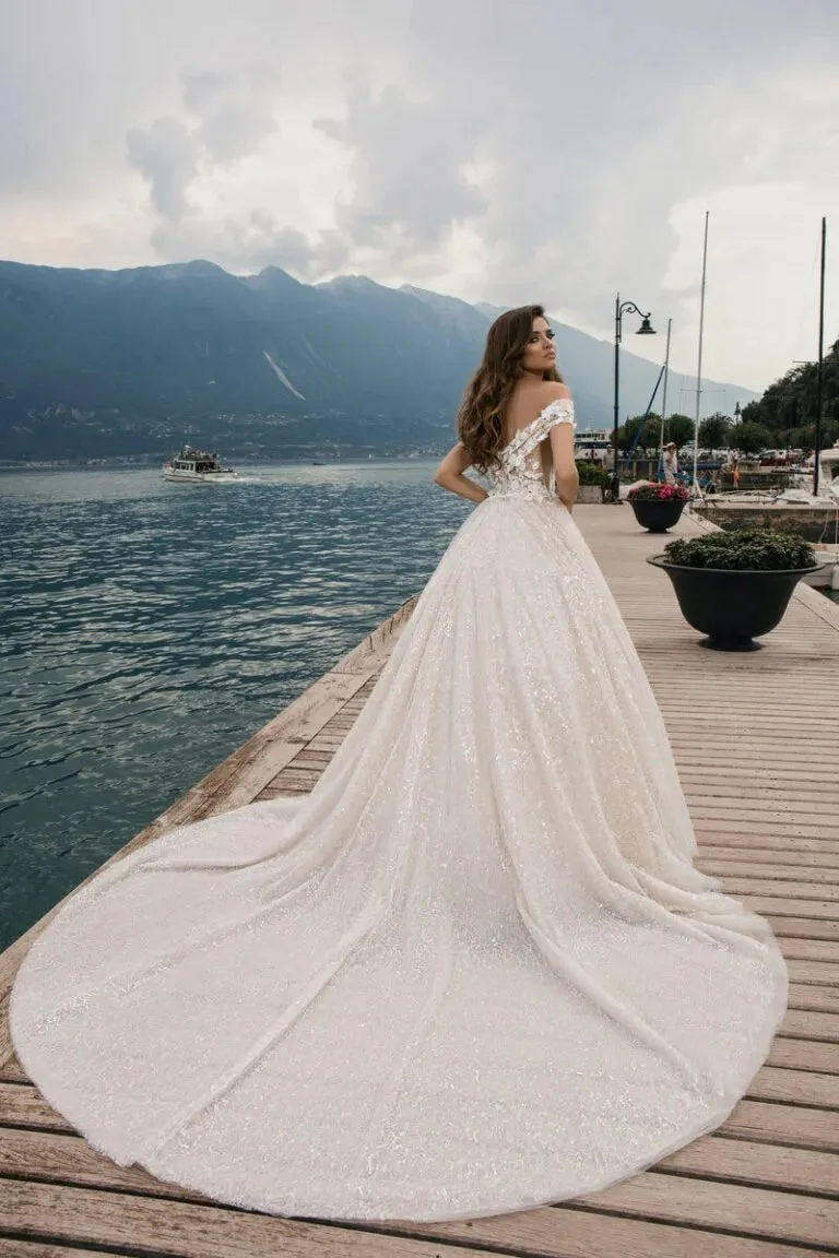 Regal Ball Gown Wedding Dress with Off-the-Shoulder Design, Queen Anne Neckline, and a Flattering Natural Waistline for a Stunning Bridal Look - Image 3