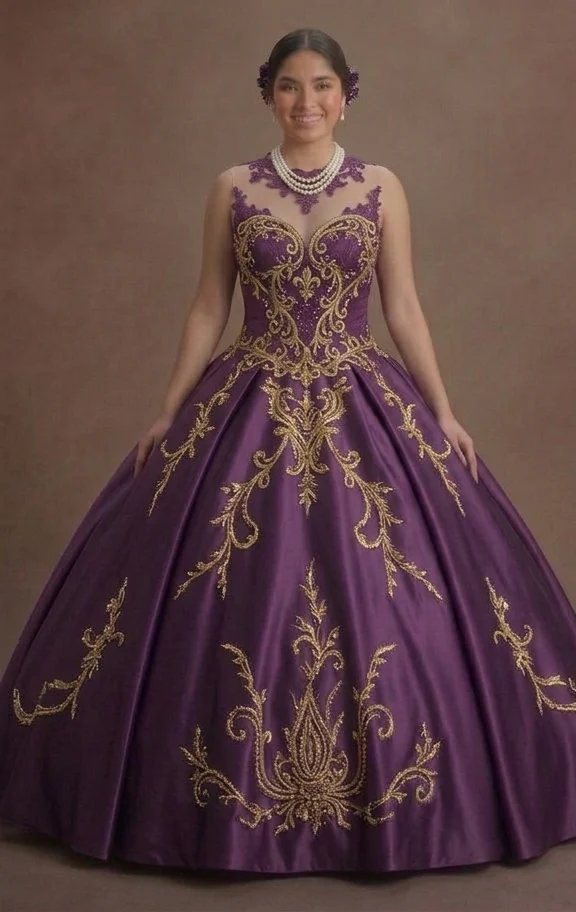 Regal Purple Quinceañera Dress Gold Thread Embroidery - Image 2