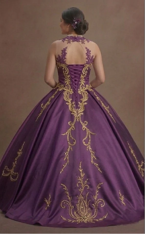 Regal Purple Quinceañera Dress Gold Thread Embroidery - Image 3