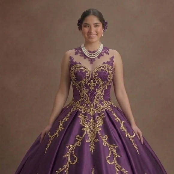 Regal Purple Quinceañera Dress Gold Thread Embroidery - Image 4