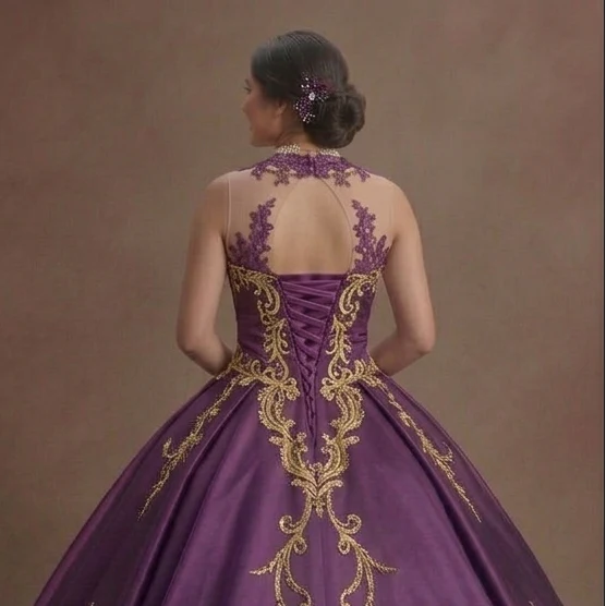 Regal Purple Quinceañera Dress Gold Thread Embroidery - Image 5