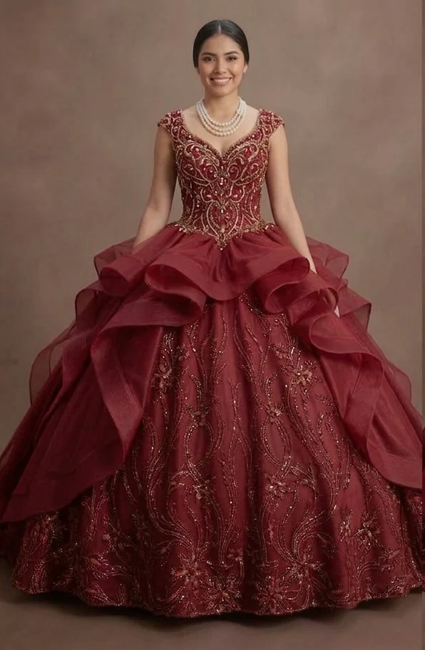 Regal Red Quinceañera Dress - Beaded Bodice Ball Gown - Image 2